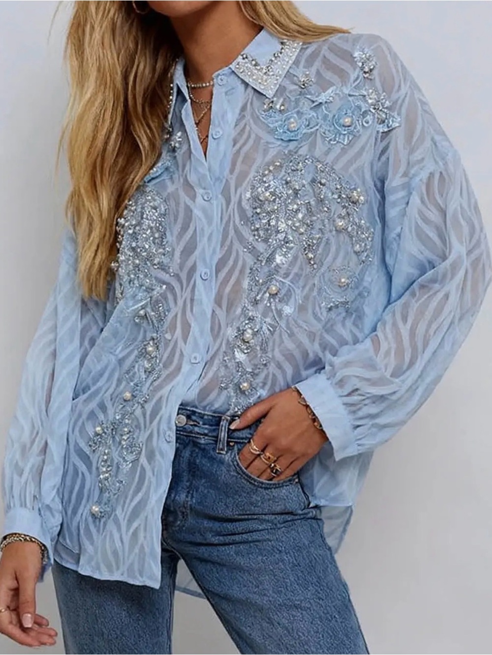 Light Blue Embellished Sheer Button-Up Blouse